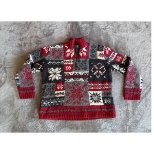 Vtg Ralph Lauren Hand Knit Wool Patchwork Nordic Fair Isle Snowflake 1/4 Zip PS